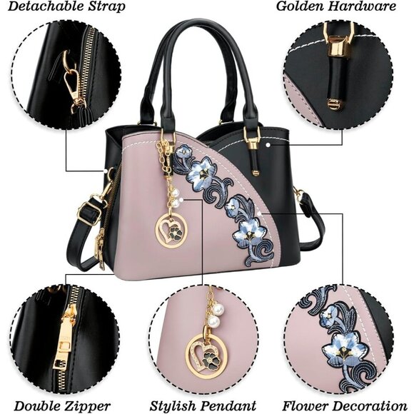 Women’s black Purple Triple Compartment Satchel Fashion Top Handle Shoulder Bag - Picture 4 of 7